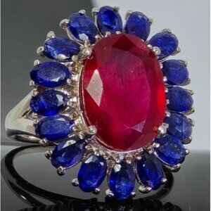 925 Sterling Silver Ring wirh Natural Ruby 10X14mm & Blue Sapphire Gems